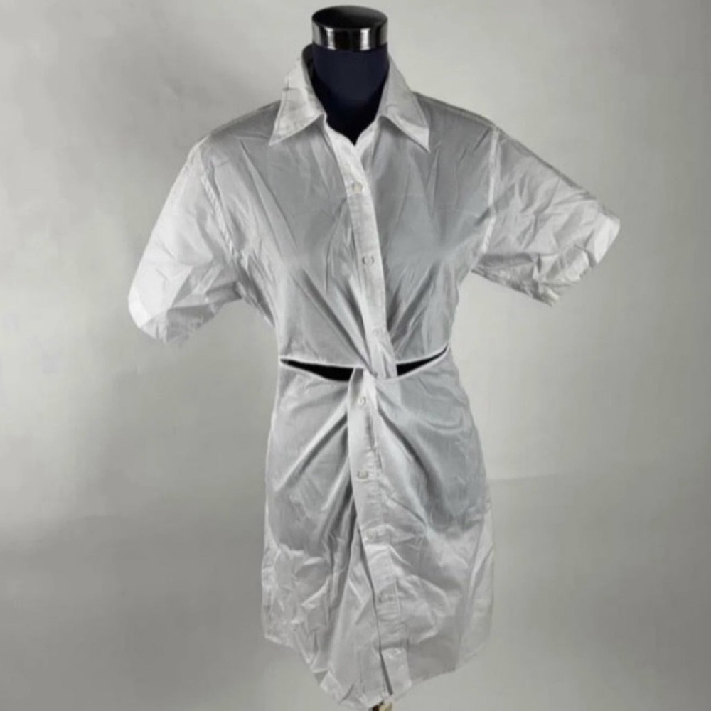 White Button-Up Collared Twisted Cutout Midi Shirt Blouse Dress